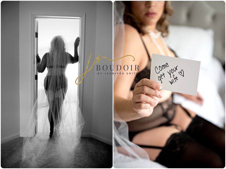 Bridal boudoir collage of two images: On the left, a woman in lingerie and a sheer veil stands in a doorway, creating a silhouette. On the right, she holds a card saying, "Come get your wife" with a heart, conveying intimacy and allure. 