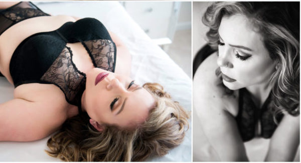 Collage of a woman in elegant lingerie, featuring lace material in black. She poses confidently on a bed, exuding elegance and allure. The setting is soft and intimate, conveying a sense of confidence and sensuality.